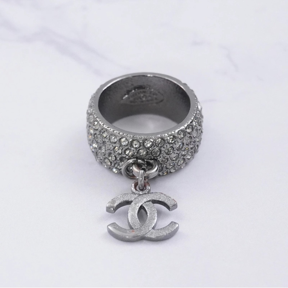 Chanel Coco Mark Charm Band Ring Rhinestone Silver Auth #52060A